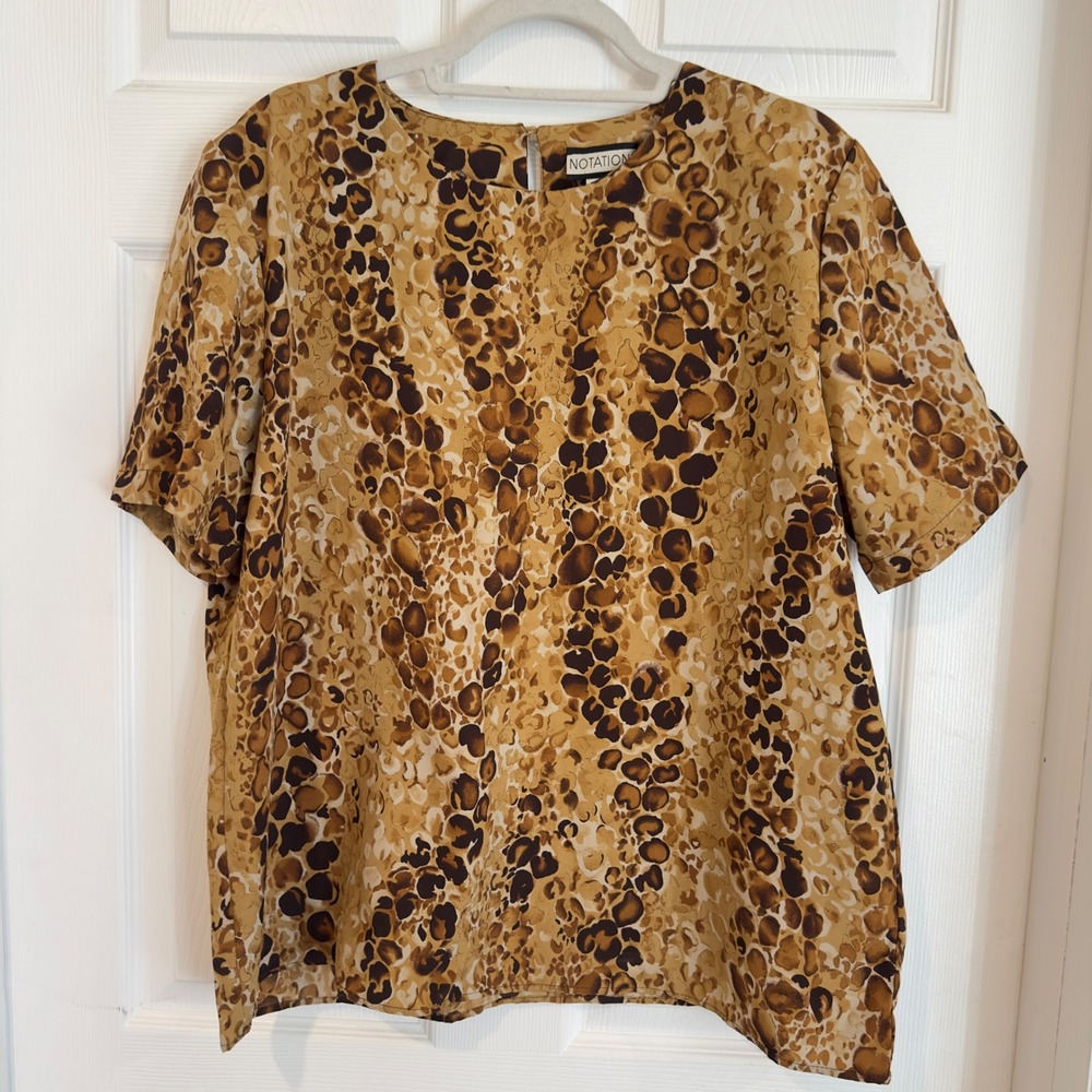 Notations Womens XL Leopard Animal Print Short Sleeve Blouse Tan Brown USA Made
